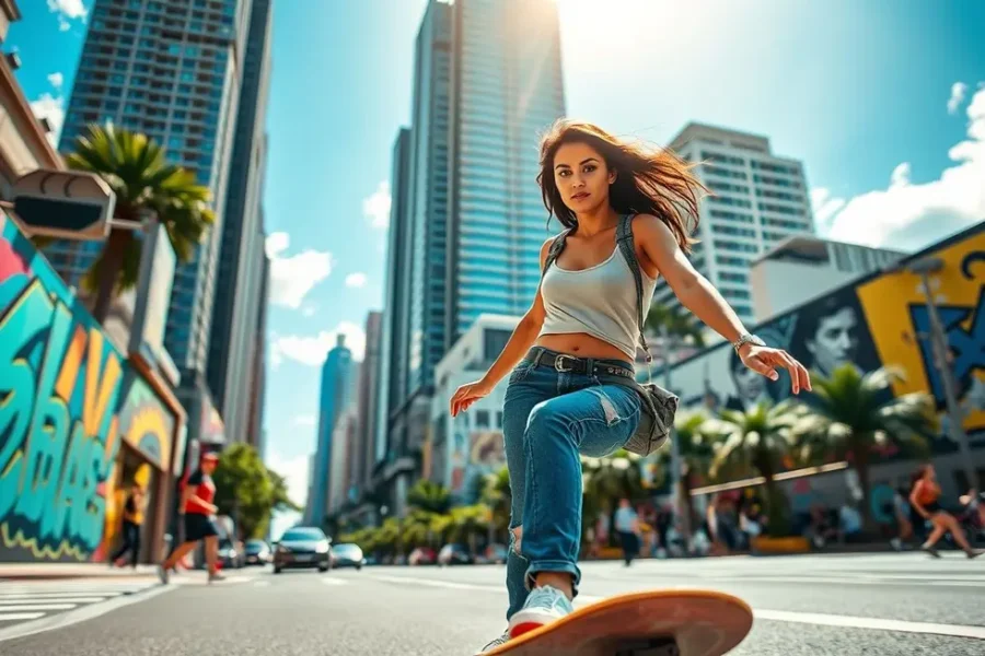 Mulher confiante praticando skate nas ruas de São Paulo.