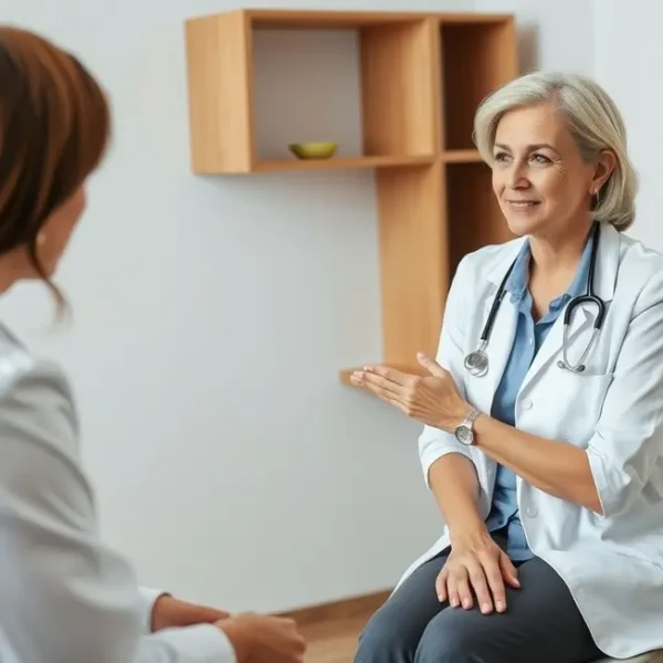 Mulher consultando médico sobre saúde.