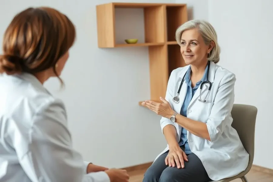 Mulher consultando médico sobre saúde.