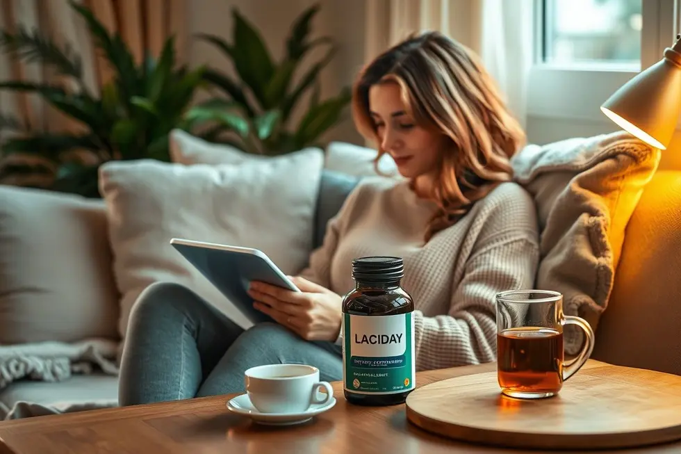 6 Motivos para Integrar Lacday na Sua Rotina de Saúde e Bem-Estar 8 Mulher lendo sobre Lacday em um ambiente aconchegante.