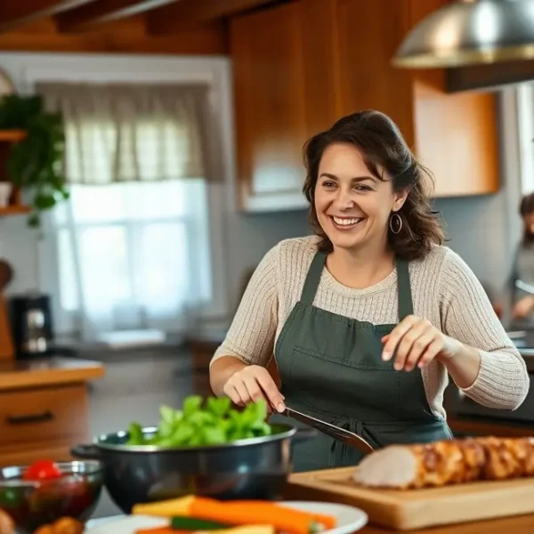Mulher em uma cozinha preparando um prato de filé mignon suíno