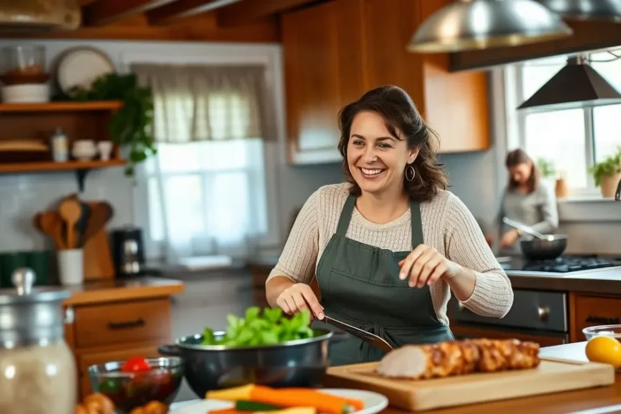 Mulher em uma cozinha preparando um prato de filé mignon suíno