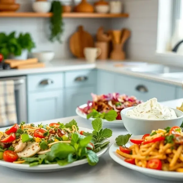 Cozinha acolhedora com opções saudáveis usando requeijão de caju.