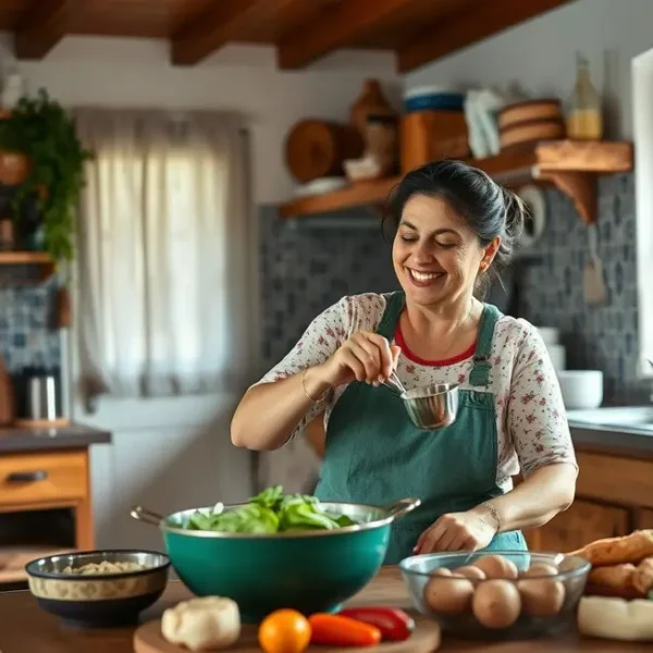 Uma mulher cozinhando mojica em uma cozinha acolhedora, demonstrando alegria e entusiasmo.