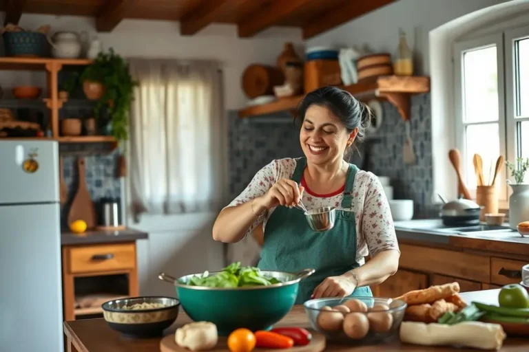 Uma mulher cozinhando mojica em uma cozinha acolhedora, demonstrando alegria e entusiasmo.