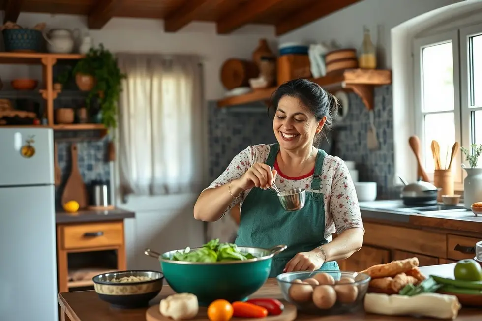 Receitas de Mojica: 7 Opções Saudáveis para Momentos em Família 8 Uma mulher cozinhando mojica em uma cozinha acolhedora, demonstrando alegria e entusiasmo.