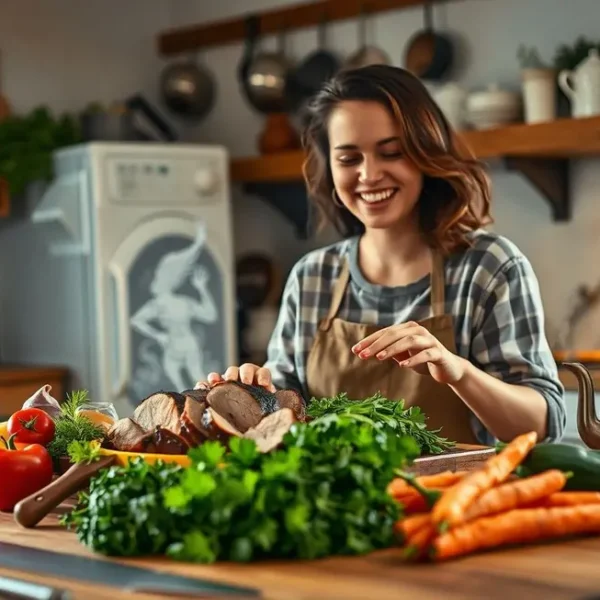 Mulher cozinhando filé mignon suíno com ingredientes frescos em uma cozinha familiar.