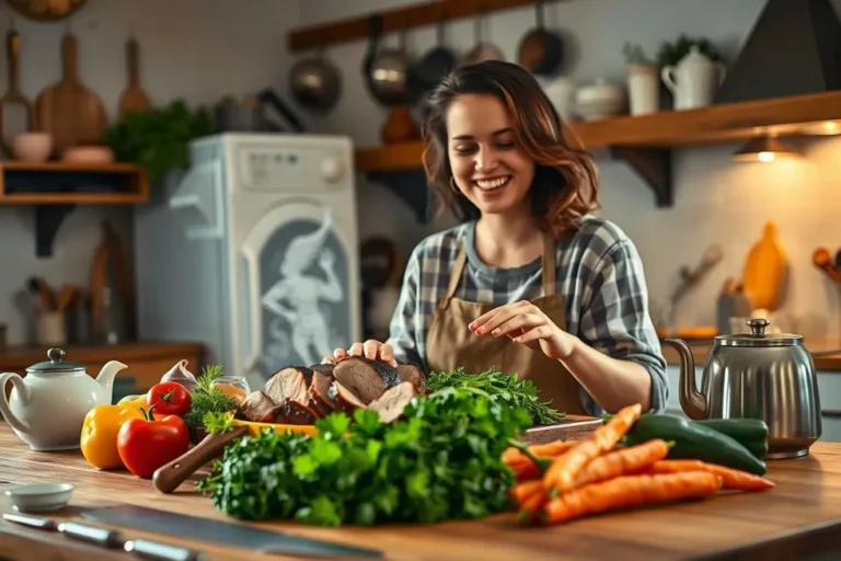 Mulher cozinhando filé mignon suíno com ingredientes frescos em uma cozinha familiar.