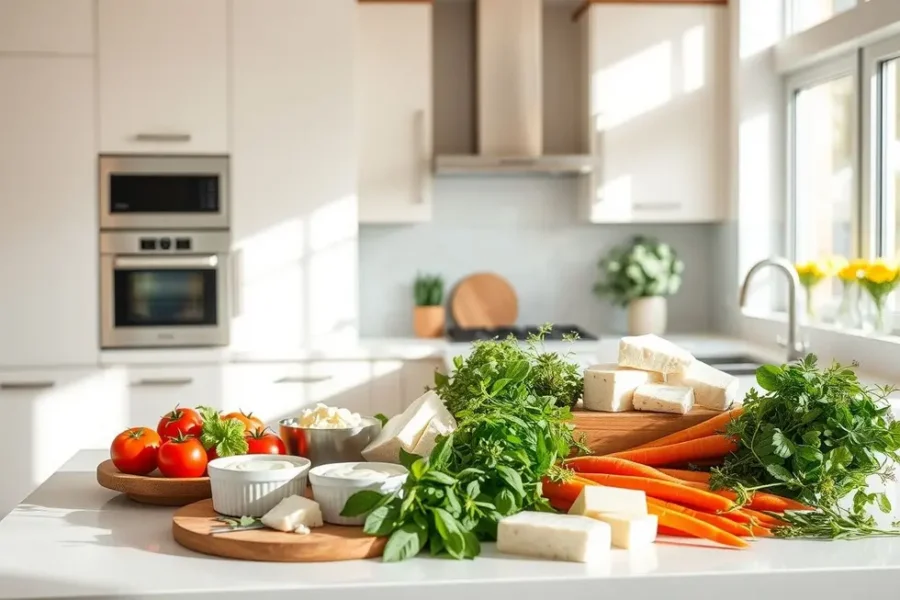 Cozinha com requeijão de caju e vegetais