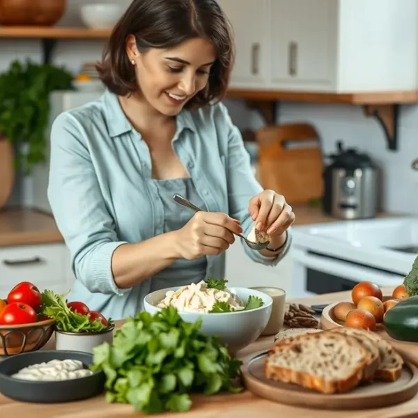 Uma cozinha aconchegante com uma mulher preparando café da manhã saudável.