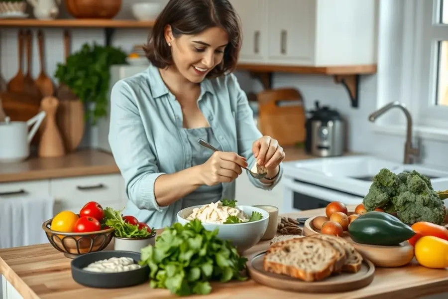 Uma cozinha aconchegante com uma mulher preparando café da manhã saudável.