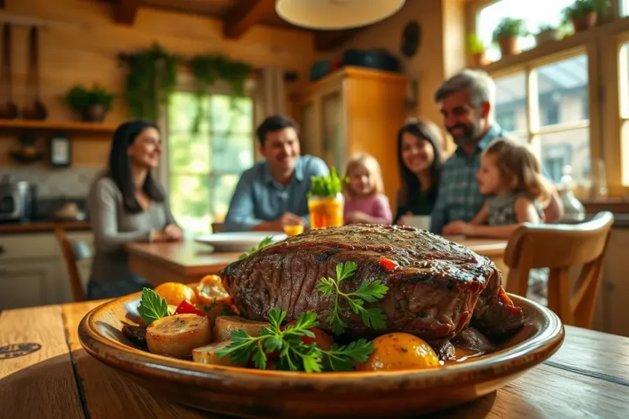 Família reunida à mesa com prato de filé mignon