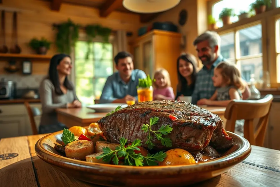 12 Receitas Incríveis de Filé Mignon para Mulheres Ocupadas 8 Família reunida à mesa com prato de filé mignon