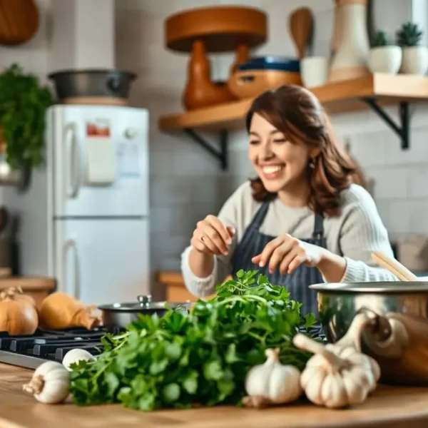 Cozinha aconchegante com mulher preparando comida