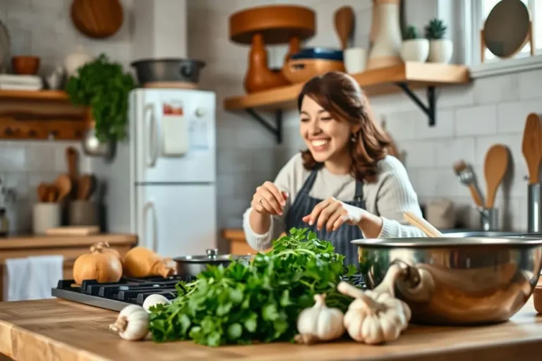 Cozinha aconchegante com mulher preparando comida