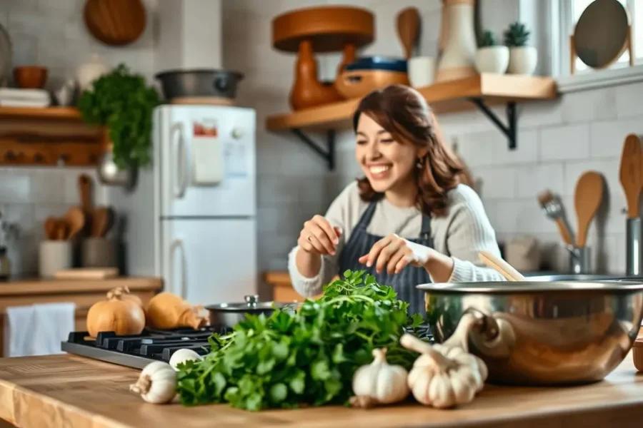 Cozinha aconchegante com mulher preparando comida