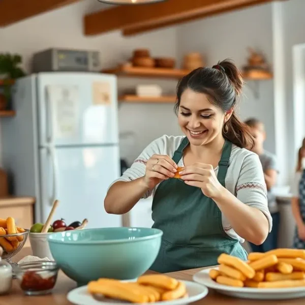 Uma mulher preparando churros, com uma atmosfera alegre e familiar.