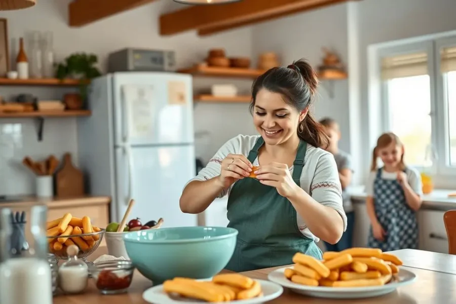 Uma mulher preparando churros, com uma atmosfera alegre e familiar.