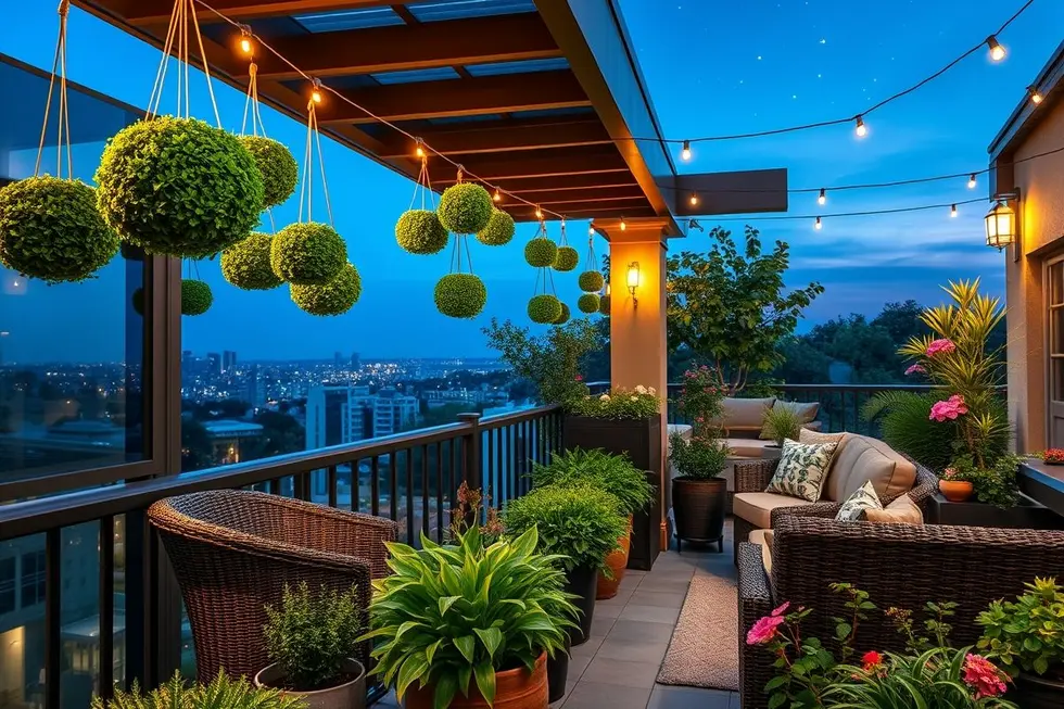 Kokedama: 7 Passos para Criar sua Mini-Horta Aconchegante na Varanda 8 Varanda encantadora com diferentes kokedamas e móveis confortáveis.