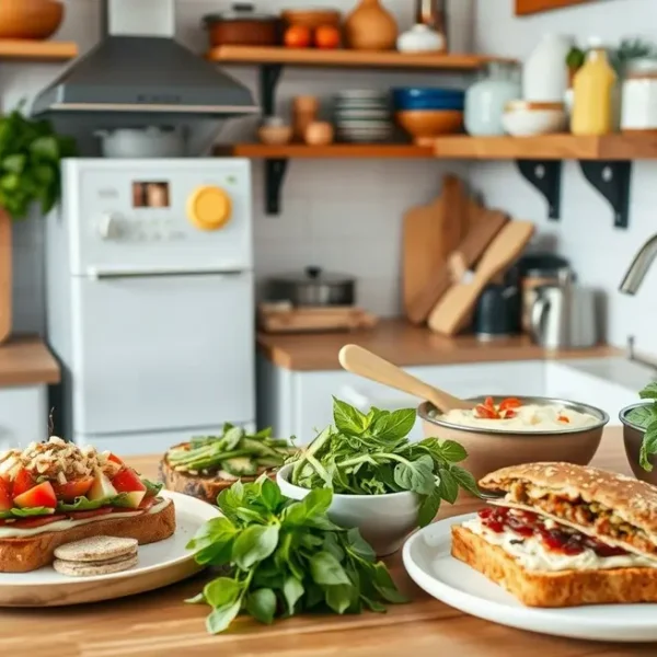 Cozinha aconchegante com diversas opções de torradas saudáveis.