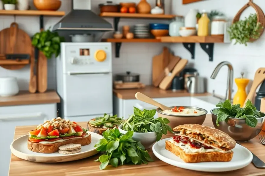 Cozinha aconchegante com diversas opções de torradas saudáveis.