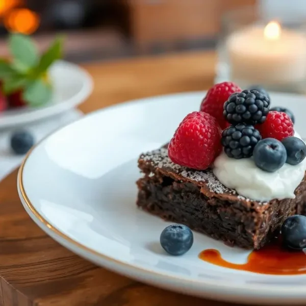 Um brownie saudável em um prato decorado, criando uma atmosfera acolhedora.