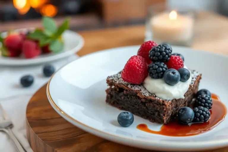 Um brownie saudável em um prato decorado, criando uma atmosfera acolhedora.