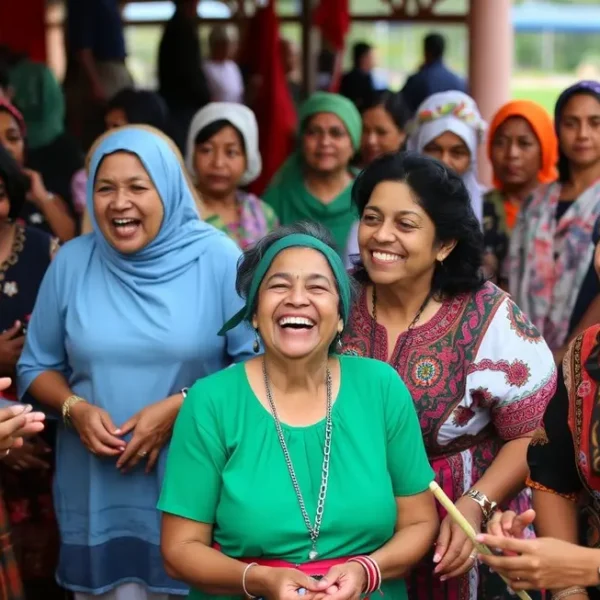 Grupo de mulheres se divertindo em um evento cultural no interior de São Paulo.