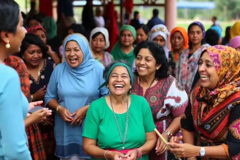 Grupo de mulheres se divertindo em um evento cultural no interior de São Paulo.