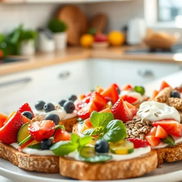 Um prato colorido de torradas saudáveis e atrativas.