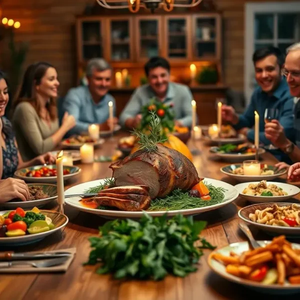 Família reunida em uma mesa com filé mignon suíno no centro.