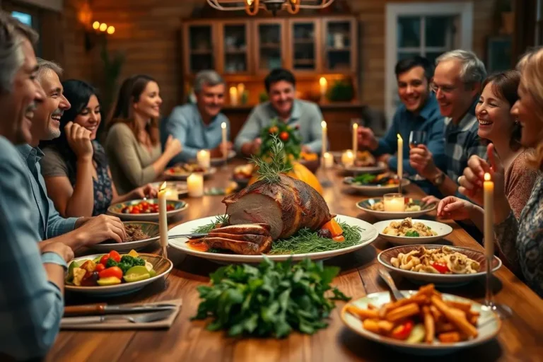 Família reunida em uma mesa com filé mignon suíno no centro.