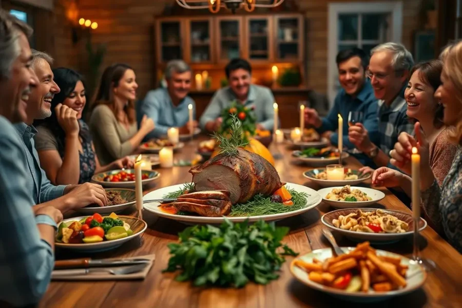 Família reunida em uma mesa com filé mignon suíno no centro.