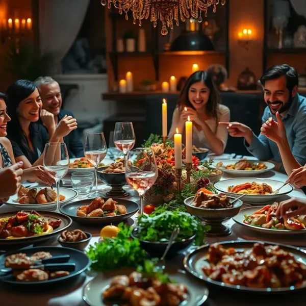 Mesa com diversas opções de pratos com filé mignon suíno, perfeita para reuniões familiares.