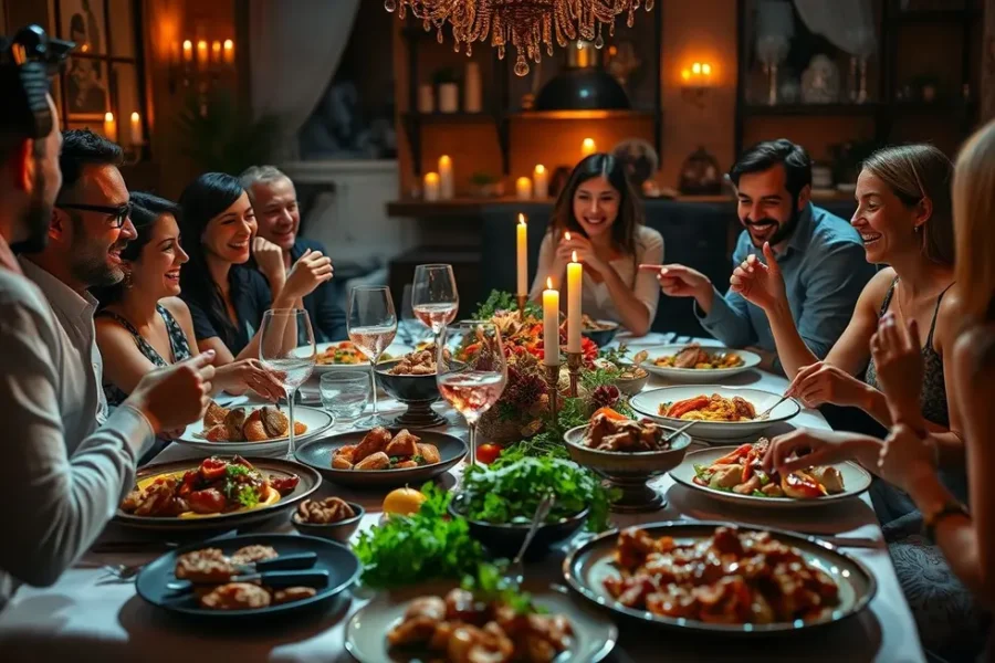 Mesa com diversas opções de pratos com filé mignon suíno, perfeita para reuniões familiares.