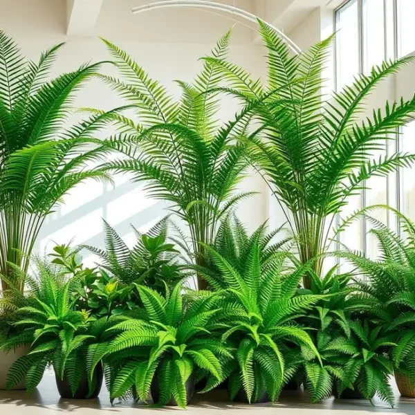 Várias samambaias exibidas em um ambiente interno, evidenciando sua beleza e elegância.