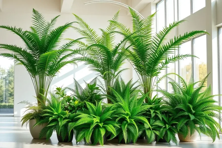 Várias samambaias exibidas em um ambiente interno, evidenciando sua beleza e elegância.