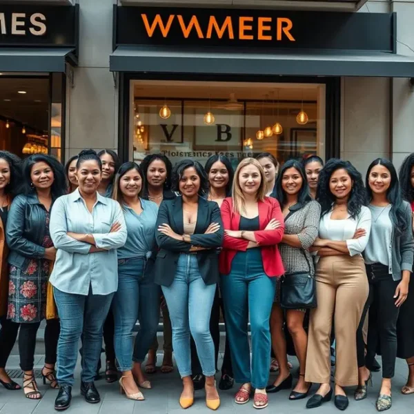 Grupo diversificado de mulheres empreendedoras diante de seus negócios.