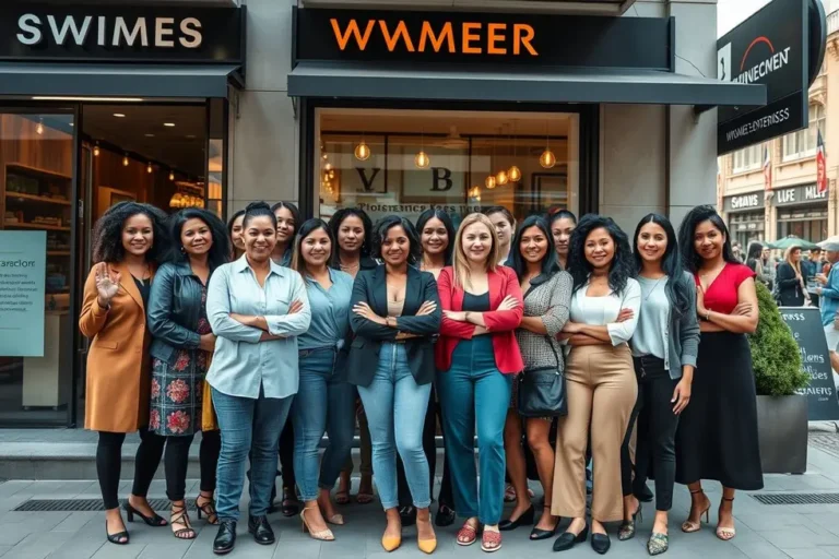 Grupo diversificado de mulheres empreendedoras diante de seus negócios.