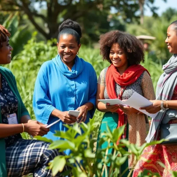 Reunião ao ar livre de mulheres empreendedoras sobre ESG.