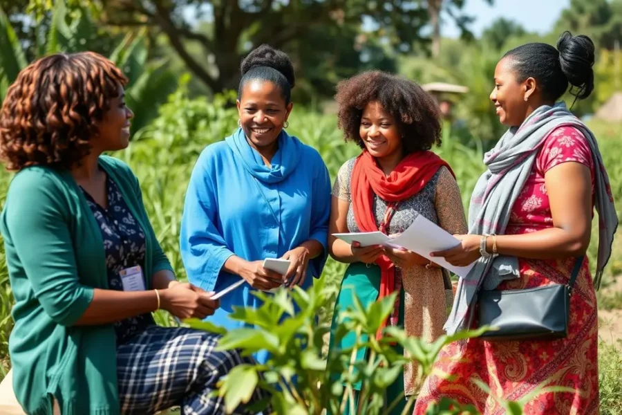 Reunião ao ar livre de mulheres empreendedoras sobre ESG.