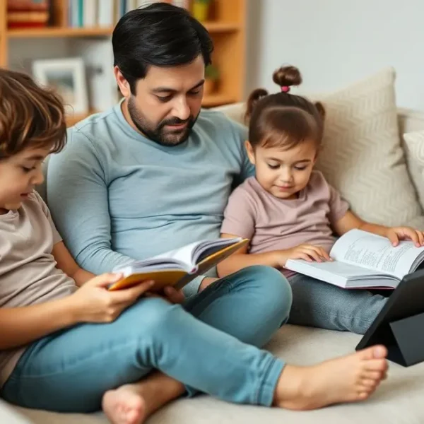 Uma família relaxando junta, entre livros e tecnologia.