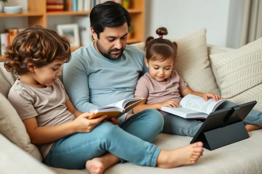 Uma família relaxando junta, entre livros e tecnologia.