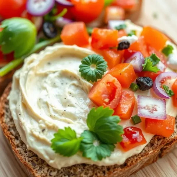 Cashew cheese spread on bread with vibrant toppings.