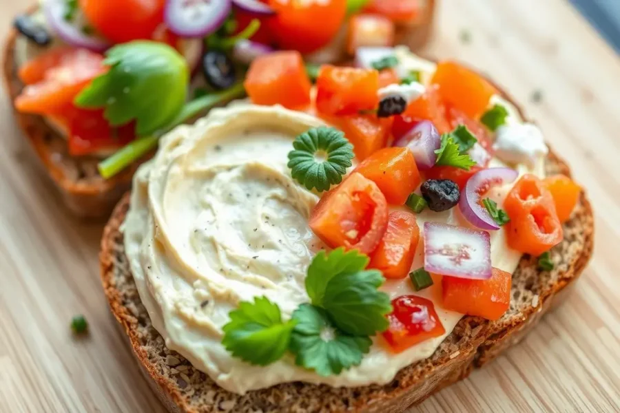 Cashew cheese spread on bread with vibrant toppings.
