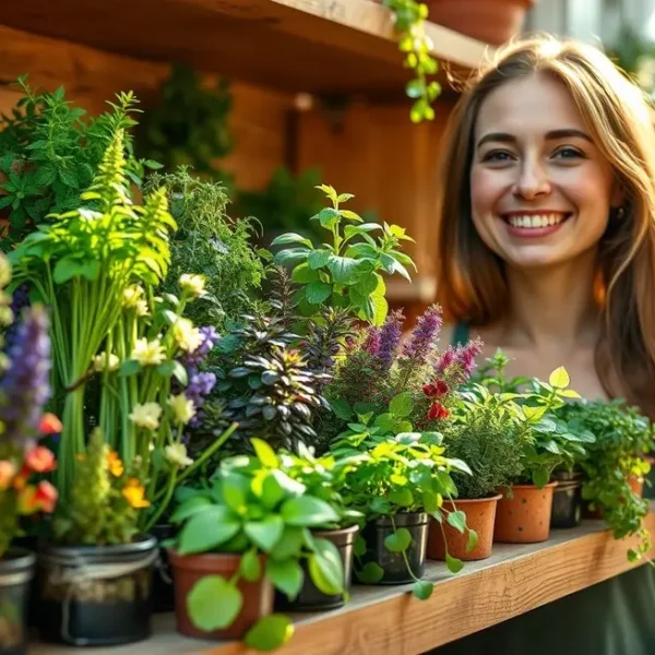 Mulher sorrindo ao lado de suas plantas medicinais.