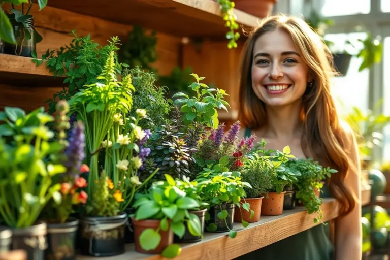 Mulher sorrindo ao lado de suas plantas medicinais.