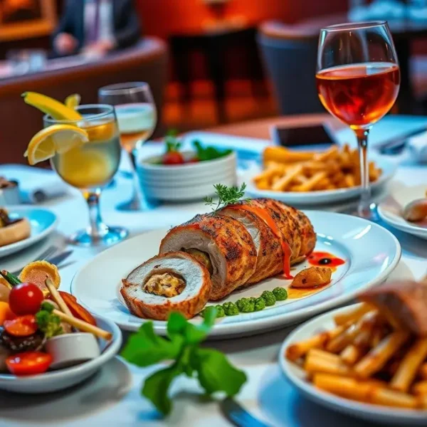 Prato de filé mignon suíno recheado em uma mesa de jantar decorada