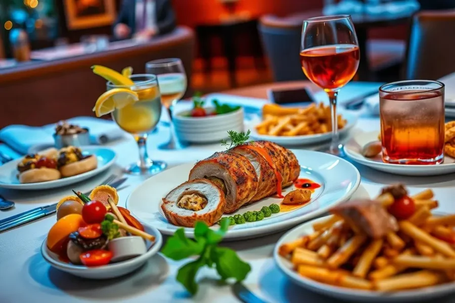 Prato de filé mignon suíno recheado em uma mesa de jantar decorada