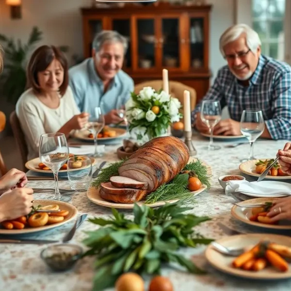 Família reunida em volta de uma mesa com filé mignon suíno como destaque.